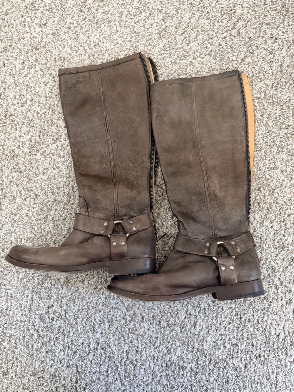 Frye Tall Harness Leather Boots Gray Brown Moto Biker Womenโs 7.5B